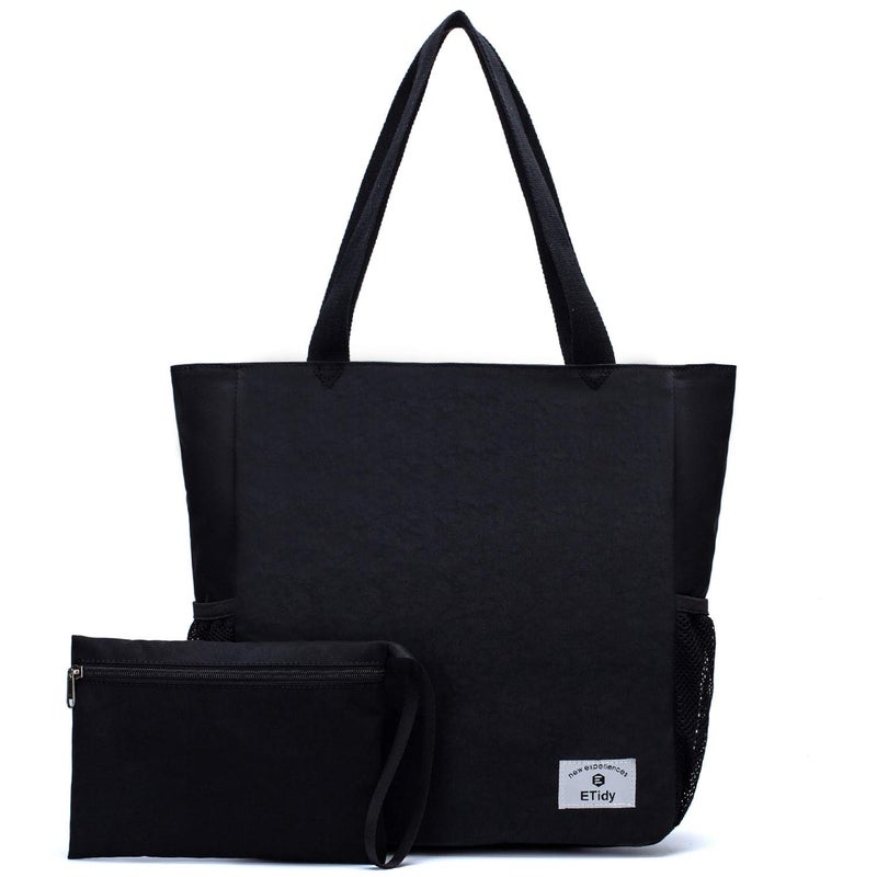 ETidy Large Capacity Foldable Tote Bag With Zipper Water-resistant Sandproof Women Beach Bag Handbag Gym Bag Travel Shopping Bag(Black) - Image 1